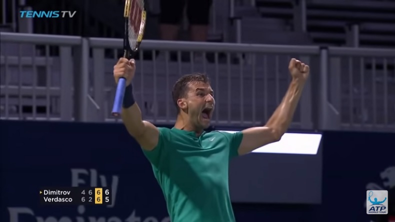 La joie de Dimitrov après une balle de match énorme contre Verdasco au tie-break du troisième à Toronto. La joie de Dimitrov après une balle de match énorme contre Verdasco au tie-break du troisième à Toronto.