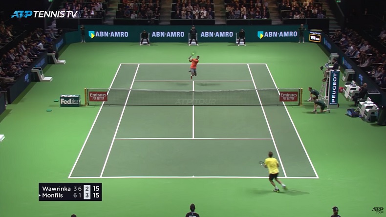 Gaël Monfils dans ses œuvres face à Stan Wawrinka en finale du tournoi de Rotterdam 2019.