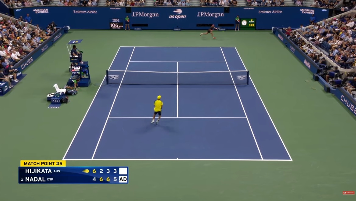Le coup droit en bout de course énorme de Rafa Nadal, sur balle de match, au premier tour de l'US Open 2022.
