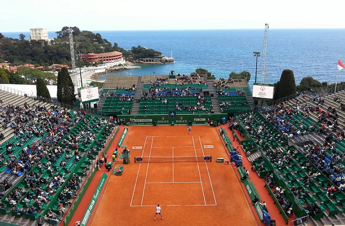 La vue sur le court central du Masters de Monte-Carlo depuis la salle de presse.